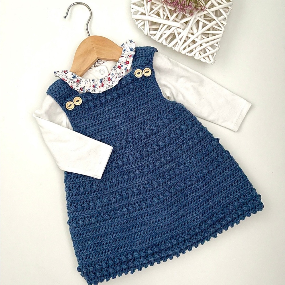 Blue Crochet Baby Dress with Floral Collar